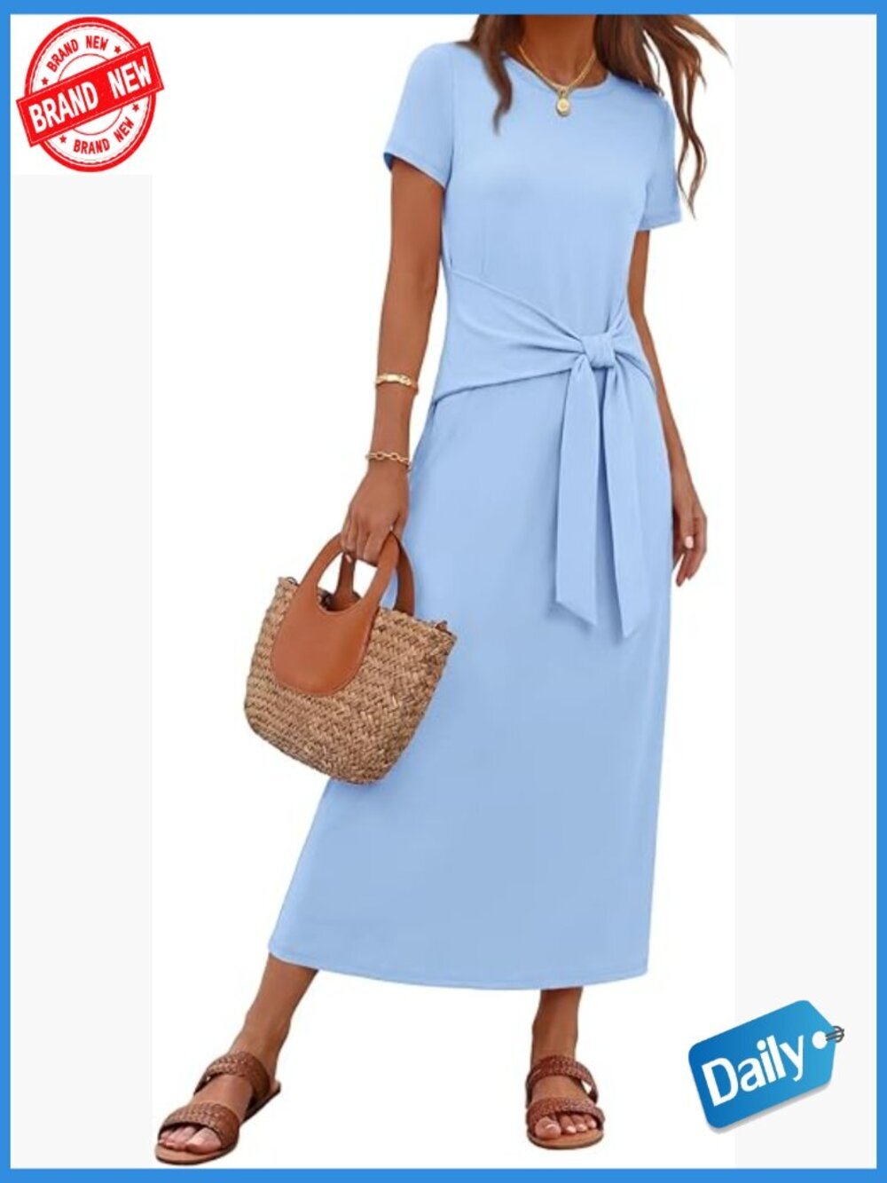 Tie Waist Maxi Dress Summer Short Sleeve Casual Work Beach T Shirt Dress